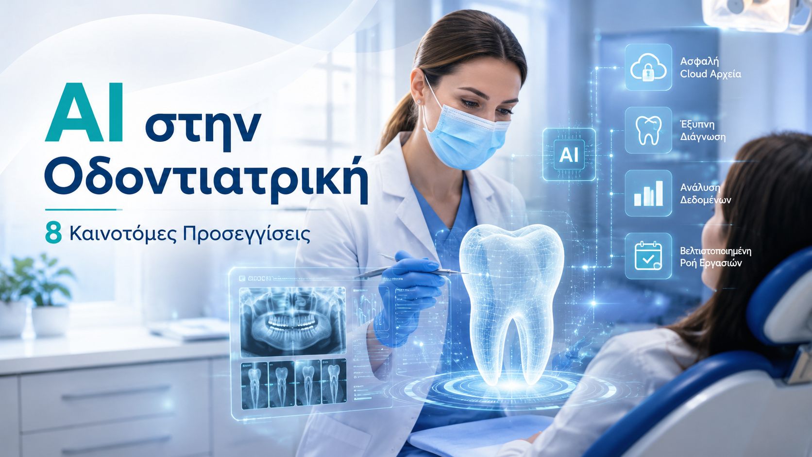 Dentist wearing a mask explains AI-based dental care, with holographic data and Greek title about AI in dentistry.
